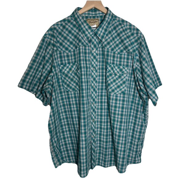 Wrangler Western Pearl Snap Teal Plaid 3XL Short Sleeve Button Down Rodeo Cowboy - Picture 3 of 11